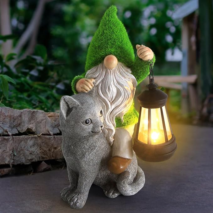 Garden Cat Gnome Decorations for Yard with Solar Lights,Resin Flocked Gnome Figurine Holding Latern,Outdoor Gnomes Decorations for Yard Patio Lawn Porch, Garden Gifts for Mom