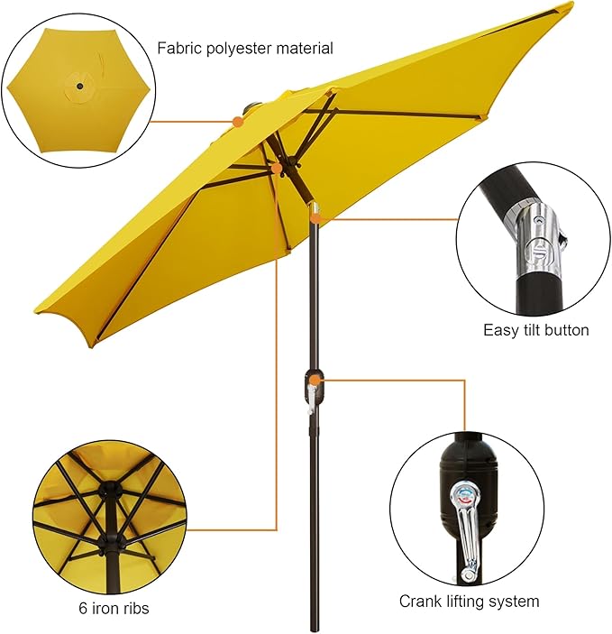 Blissun 7.5 ft Patio Umbrella, Yard Umbrella, Outdoor Market Umbrella with Push Button Tilt Crank, Yellow