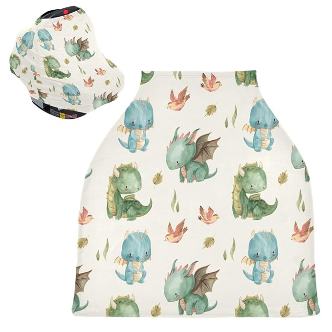 Kigai Cute Dragon Baby Car Seat Covers for Newborn, Breathable Nursing Cover for Breastfeeding Moms, Baby Stroller/Shopping Cart/Stretchy Carseat Cover for Boy & Girl