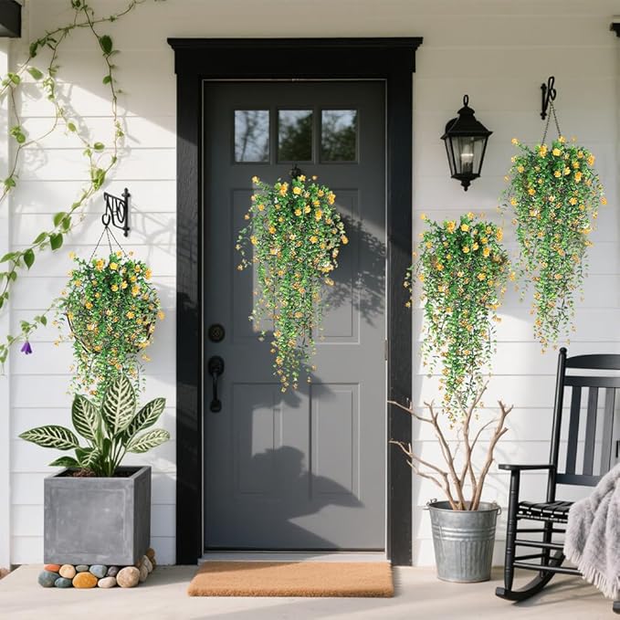 Artificial Hanging Flowers, 3 Pcs Fake Hanging Plants Decor, Artificial Vines for Outdoors, UV Resistant No Fade Artificial Plants Suitable for Indoor Decoration Outdoor Porch Courtyard (Yellow)