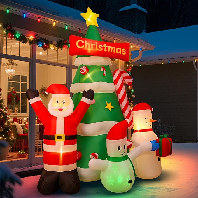 Max Fun 9Ft Christmas Tree Inflatables Decorations with Santa Snowman Built-in LED Lights Blow Up Christmas Tree Outdoor Decoration for Christmas Party Holiday Outdoor Garden Lawn Yard Decor