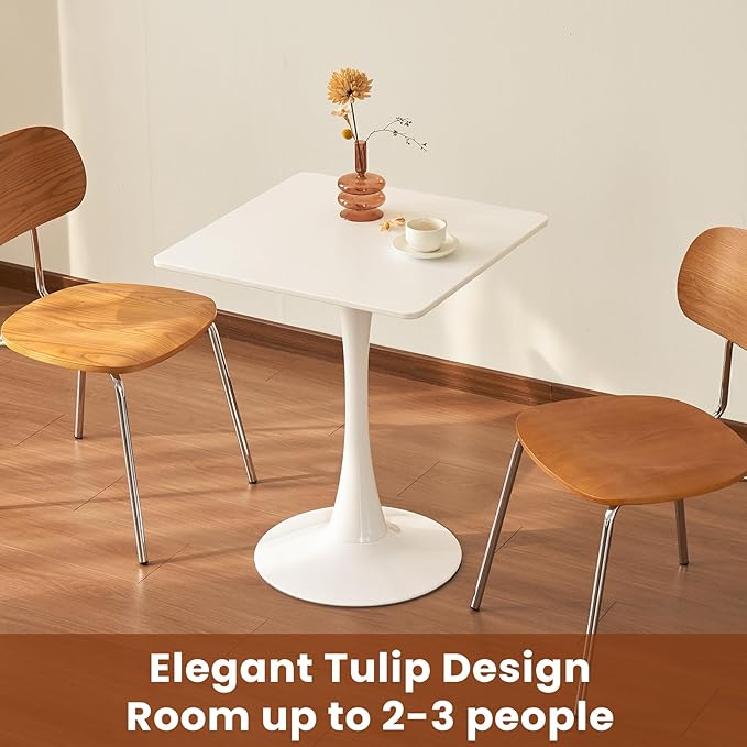 Square Dining Tulip Table for 2, Mid-Century Modern Table with Sturdy Metal Pedestal for Kitchen, Bistro, Cafe, Leisure (White, 24 INCH)