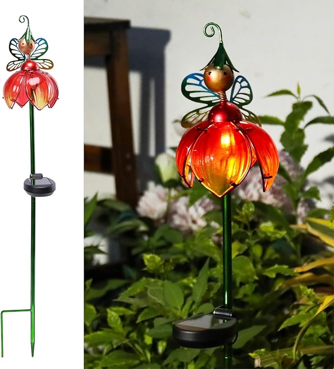VCUTEKA Solar Garden Lights Metal Flower Decor Colorful Fairy Flowers Solar Pathway Light with LED Cracked Crystal Ball Outdoor Decorative Stake for Patio Yard Lawn