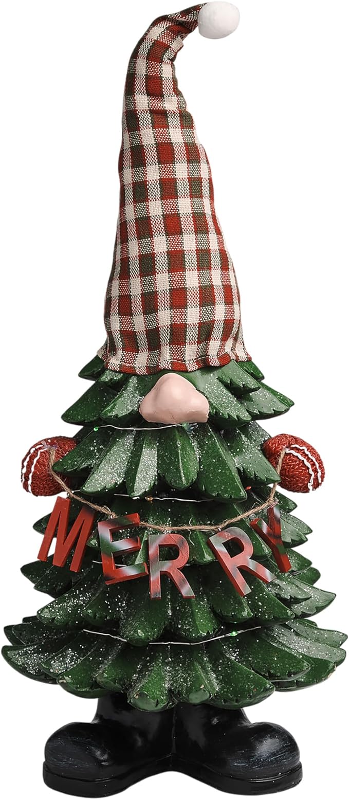 Alpine Corporation 28" Christmas Tree Merry Gnome Statues with Color Changing LED Lights, Holiday Decor