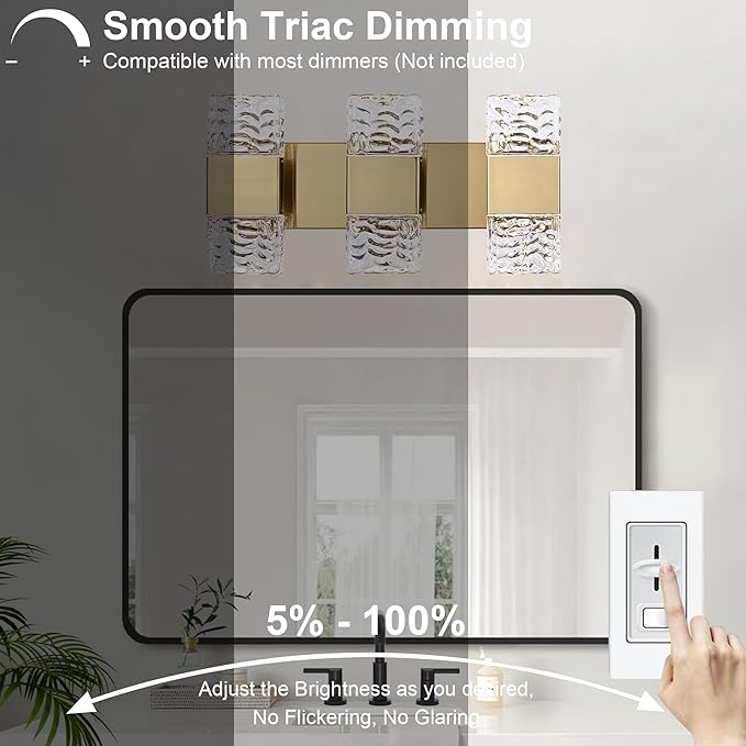 MELUCEE LED Bathroom Vanity Light 24W, 3-Light Modern LED Vanity Light Bar with Crystal Column Brass Bathroom Lights Over Mirror Crystal Wall Sconce Restroom Lighting Fixtures, 3000K Warm Lighting