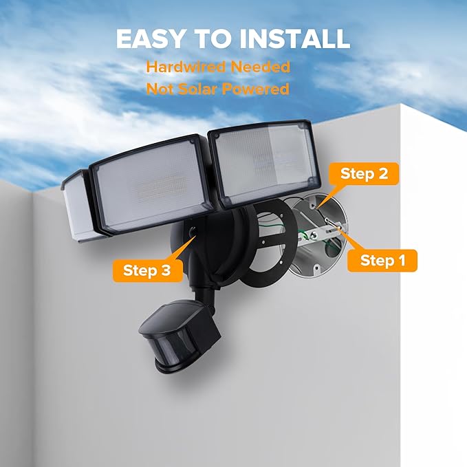 UME 49W LED Security Lights Motion Sensor Light Outdoor, 5000K Daylight, IP65 Waterproof, Dusk to Dawn, 3 Head Motion Detected Flood Light for Garage, Yard, Porch (Black)
