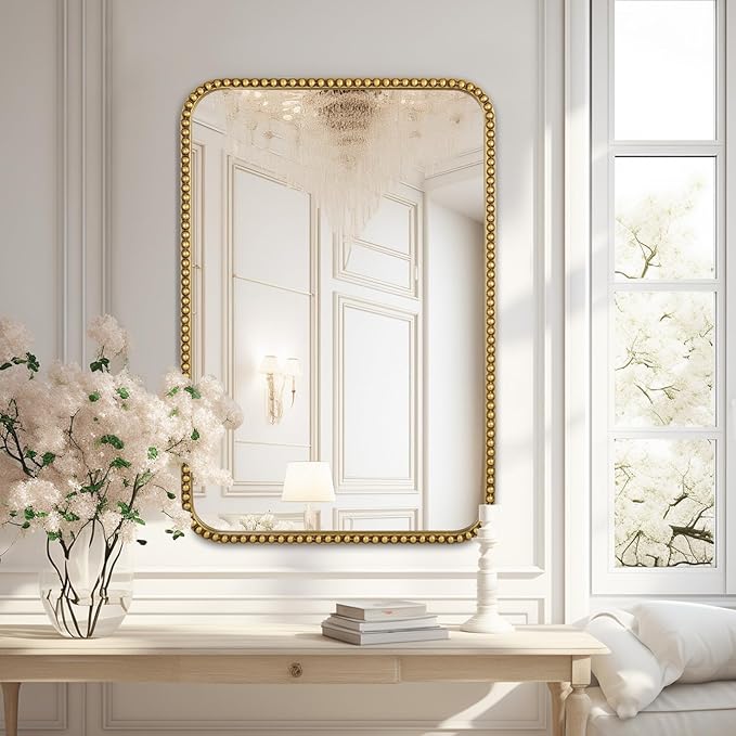 Wall Mirror for Bathroom - 20"x30" Rectangle Rounded Corner Beaded Frame Mirror, Large Vanity Mirror Hangs Horizontal or Vertical, Antique Gold
