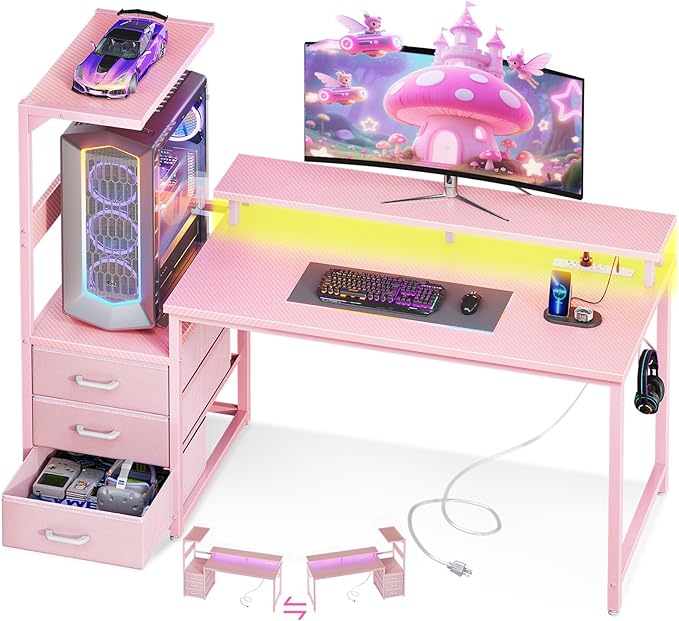 AODK 52 Inch Gaming Desk with USB Charging Ports & LED Light- Reversible Computer Desk with Storage Shelves & Monitor Stand, Modern Gamer Desk Table with Fabric Drawers & Side Hook, Carbon Fiber Pink
