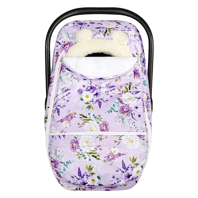 Winter Car Seat Cover Baby Girl Boy, Warm & Windproof Infant Carseat Cover Canopy Protect Baby from Cold Weather, Plush Fleece, Purple Floral