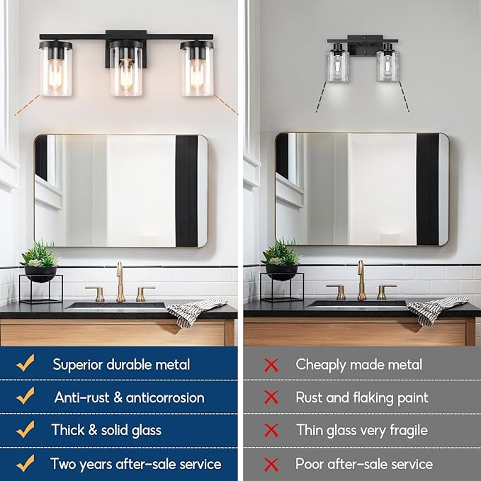 20in Bathroom Light Fixture Over Mirror, 3-Light Matte Black Vanity Lights with Clear Glass Shades, Modern Wall Sconces for Living Room, Bedroom, Hallway, E26 Base