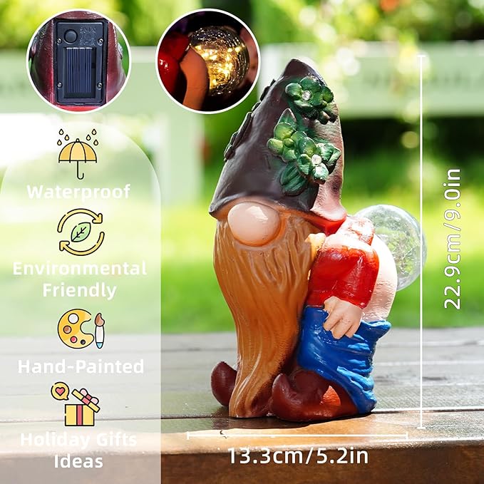 Solar Garden Statues Lights, 8.5" Christmas Outdoor Gnome Figurine with Auto On/Off for Yard Patio Decor, Gifts for Women, Grandma, Mom, Housewarming (Farting Gnome Statue)
