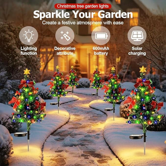 Solar Christmas Trees for Outside, Waterproof Solar Powered Christmas Tree Garden Stake Lights for Outdoor Pathway, Yard & Patio Holiday Decorations (3PC)