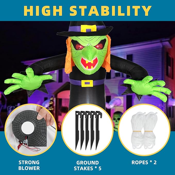ININ 8FT Halloween Inflatable Witch Decorations Outdoor Built-in LED Lights,Halloween Blow Up Yard Decorations,Scary Party Decorations,Haunted House Decor,for Yard/Lawn/Garden.