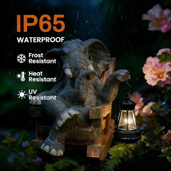 Solar Light Rocking Chair Elephant Statue in Garden-8.2''Outdoor Figurine Ornament,Funny Sculpture for Indoor Decor & Unique Gift Choice for Christmas,Thanksgiving,Mother's Day,Birthday!