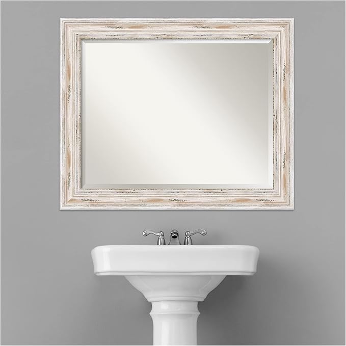 Amanti Art White Bathroom Mirror for Over Sink, 27x33 Alexandria White Wash Rectangle Vanity Mirror, Large Coastal Wood Frame, Hangs Horizonally and Vertically, Bathroom Wall Decor, Beveled Edge