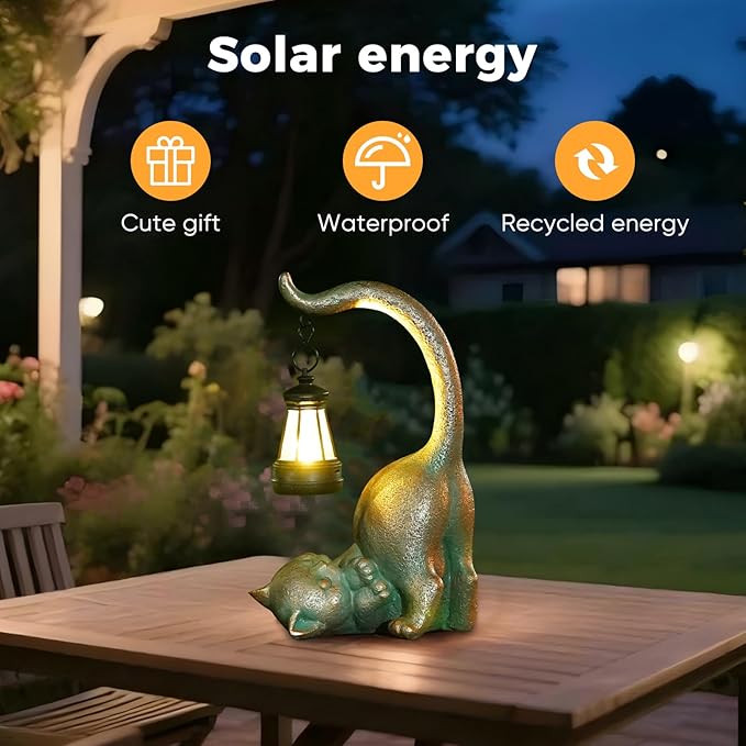 Cat Garden Statue Outside Decor with Lantern for Yard Art Lawn Ornaments Porch Patio Balcony Home House Birthday Gifts for Grandma Mom Women Sister Lover