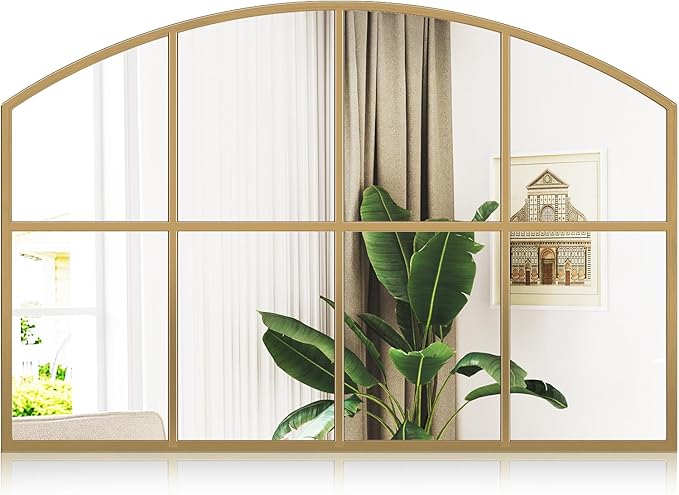Wide Arched Mirror, 36" x 24" Gold Window Mirror, Antique Brass Farmhouse Mirrors for Living Room Dining Room Bedroom Fireplace Hallway Entryway