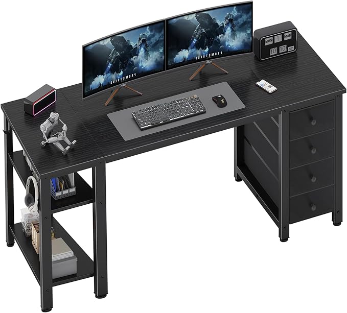 Lufeiya Gaming Desk with 4 Fabric Drawers & Storage Shelves, 55 inch Computer Writing Work Study Desk for Home Office Bedroom, Modern Simple Student PC Desks Table, Black
