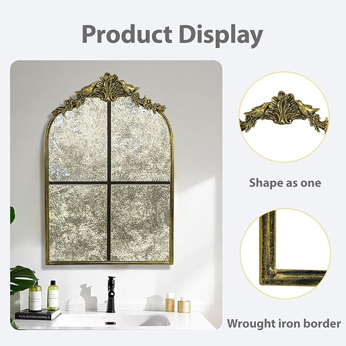 Retro Palace Style Mirror, Antique French Retro Arch Mirror, Suitable for Bathroom, Living Room, Bedroom, Fireplace, Corridor，Can be Used for Decoration
