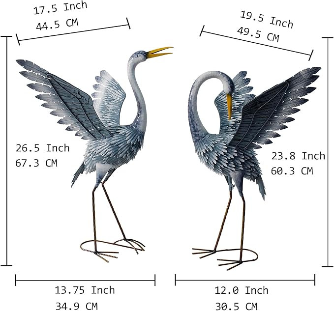 24-27 Inch Standing Crane Garden Sculptures & Statues, Crane Metal Yard Art for Backyard, Lawn, Patio, Porch, Birthday, Wedding Decorations, Gray