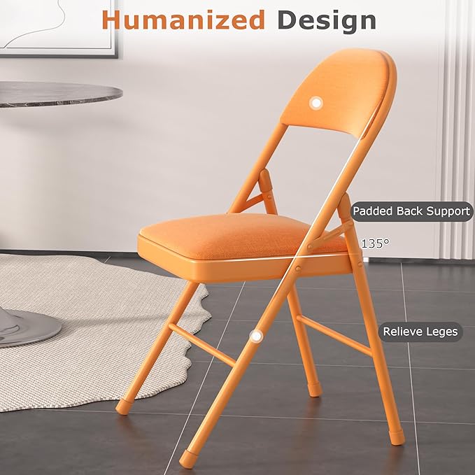 VECELO Padded Folding Chairs 4 Pack, Comfortable Cushioned Seat & Backrest with Steel Frame, for Office, Indoor Outdoor, Commercial Events, Orange