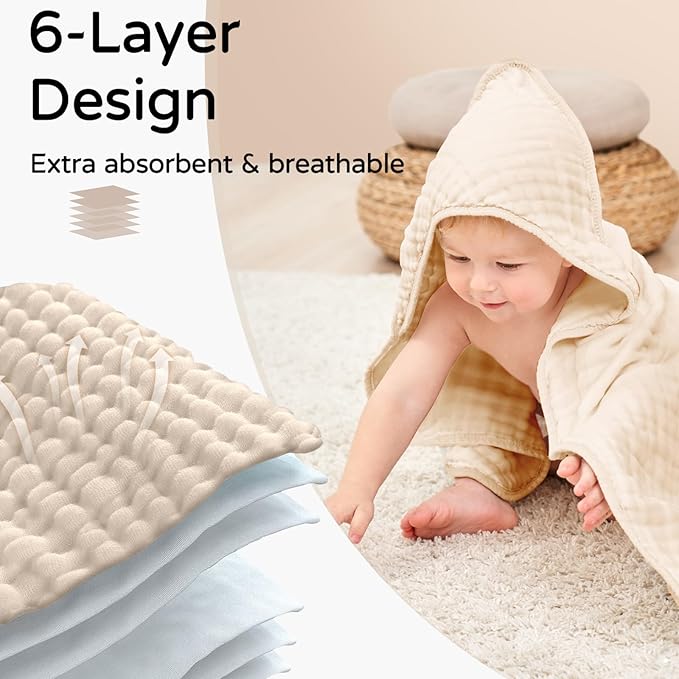 Yoofoss Hooded Baby Towels for Newborn 2 Pack 100% Muslin Organic Cotton Baby Bath Towel with Hood for Babies, Infant, Toddler and Kids, 32x32Inch, Soft and Absorbent Newborn Essential,Apricot&Green