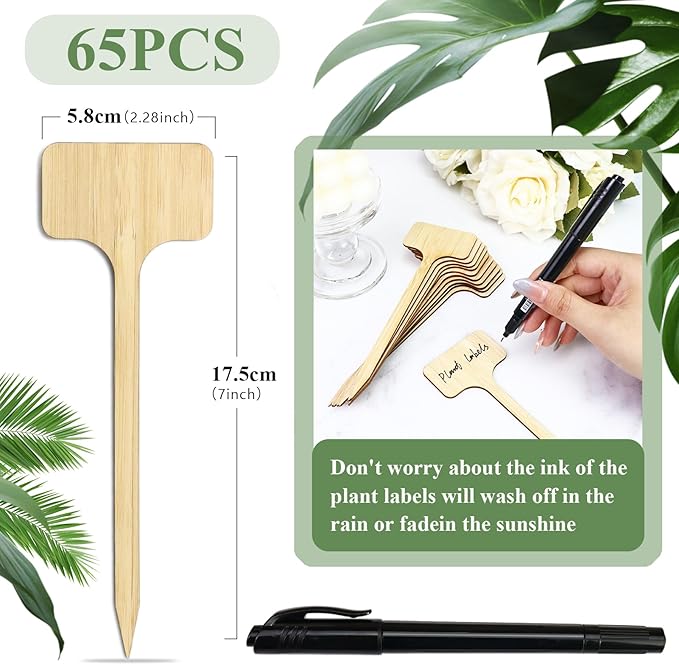 65 Pieces Extra Long Plant Labels, Wooden T-Type Plant Name Tags for Indoor Outdoor Garden Markers, Bamboo Plants Label Stakes for Fruit Herb Seeds Name Stick (7" x 2.28" x 0.07")
