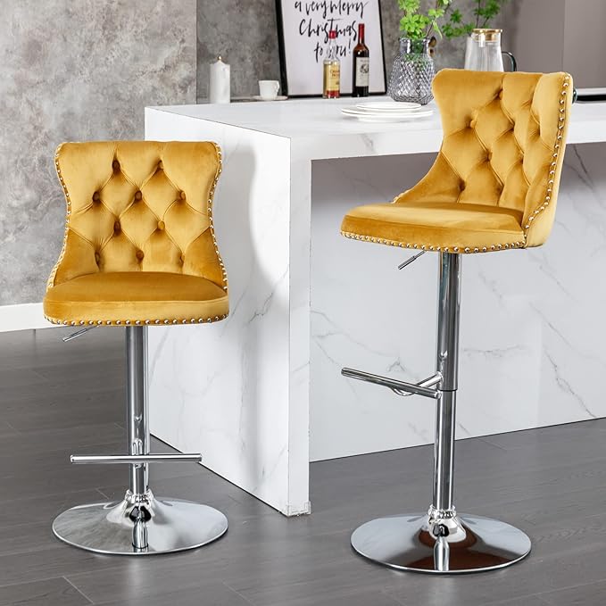 PacknWood Acosure Swivel Velvet Bar Stools Adjusatble Seat Height from 25-33" with Backs Comfortable Tufted,Modern Upholstered Chrome Base BarChairs for Home Pub Kitchen,Gold,Set of 2