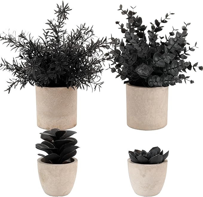 ALAGIRLS 4 Packs Fake Plants Small Artificial Plants Indoor Black Eucalyptus Rosemary Succulents Plants Potted Faux Plants for Home Indoor Office Bathroom Living Room Decor