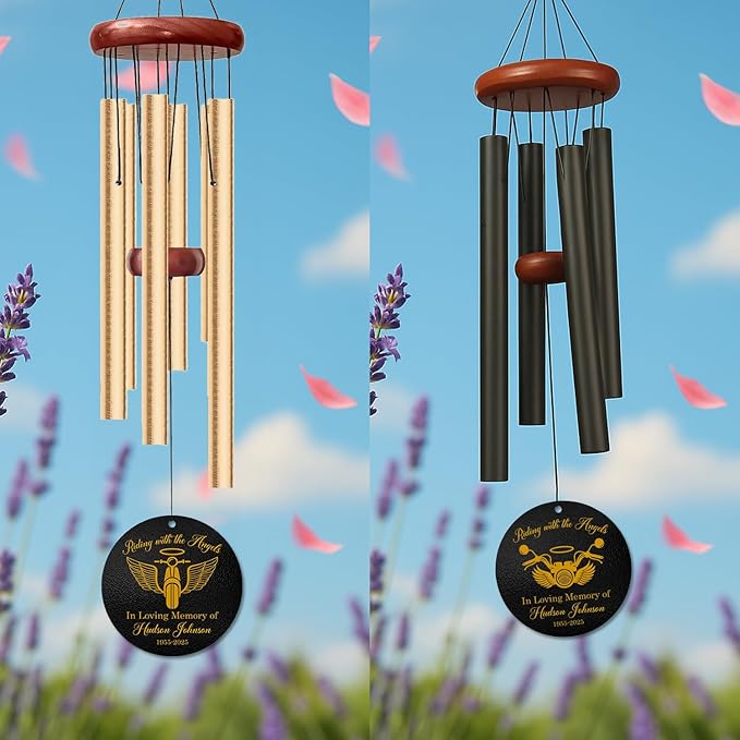 Personalized Motorcycle Memorial Wind Chime – “Riding with The Angels” Custom Name & Years – Engraved Biker Sympathy Gift – Remembrance Windchime for Loss of Loved One – Tribute for Motorcyclists