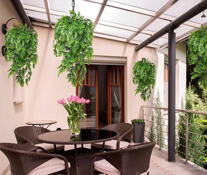 RECUTMS Artificial Hanging Plants 4Pcs, Fake Monstera Leaves Ivy Vine Faux Greenery UV Resistant Tropical Palm Leaf Swag Plant for Garden Home Jungle Hawaiian Luau Party Outdoor Indoor Spring Décor