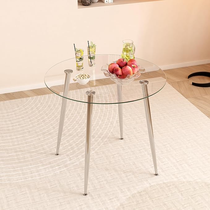 Tempered Glass Dining Table 32 inch Round Kitchen Table with Silver Metal Legs Modern Dinner Table for Dining Room Kitchen Small Space