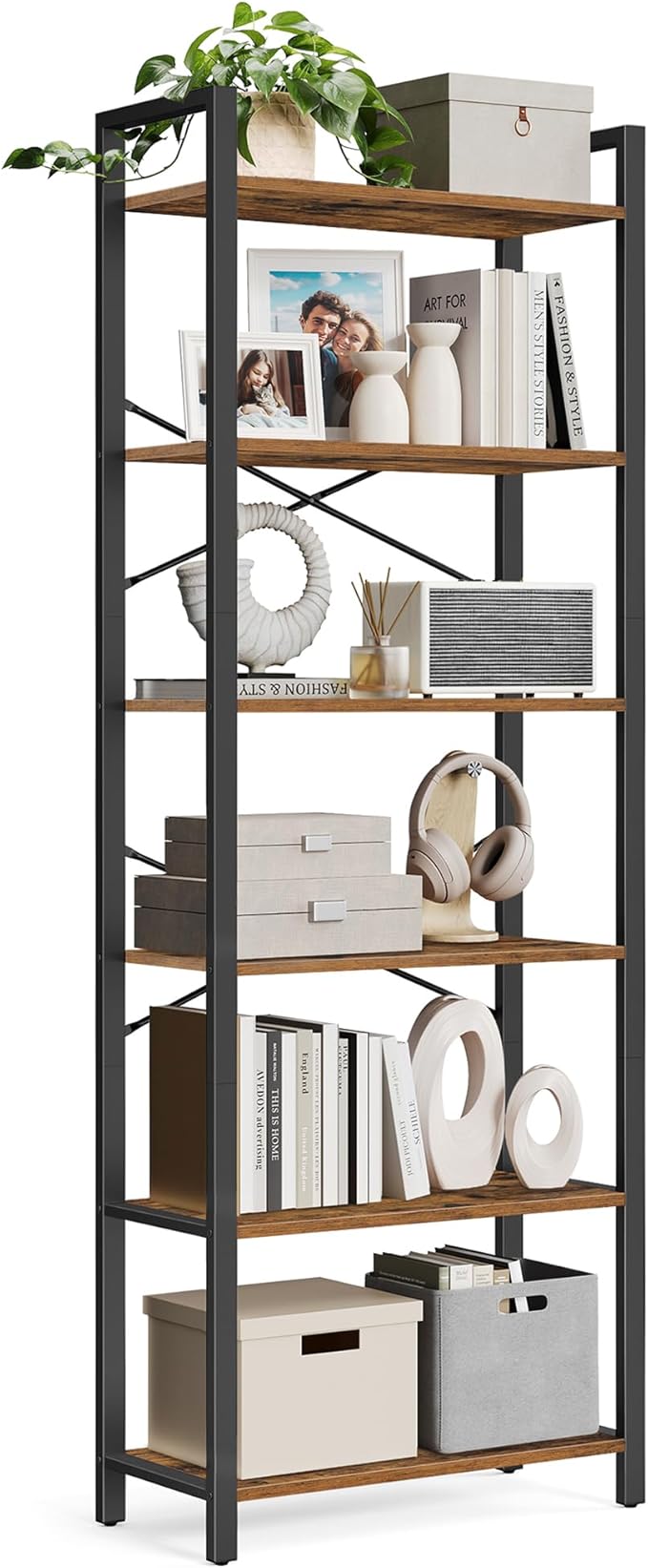 VASAGLE 6-Tier Bookshelf, Bookcase with Steel Frame, Book Shelf for Living Room, Home Office, Study, 11.8 x 26 x 73.2 Inches, Industrial Style, Rustic Brown and Ink Black ULLS062B01