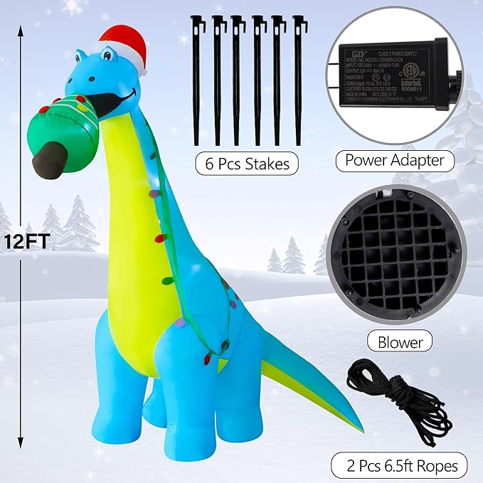 DR.DUDU 12 FT Christmas Inflatable Outdoor Decorations, Large Blow Up Dinosaur Inflatables with Santa Hat Christmas Tree Light up Giant Xmas Holiday Decor for Yard Lawn Garden Outside