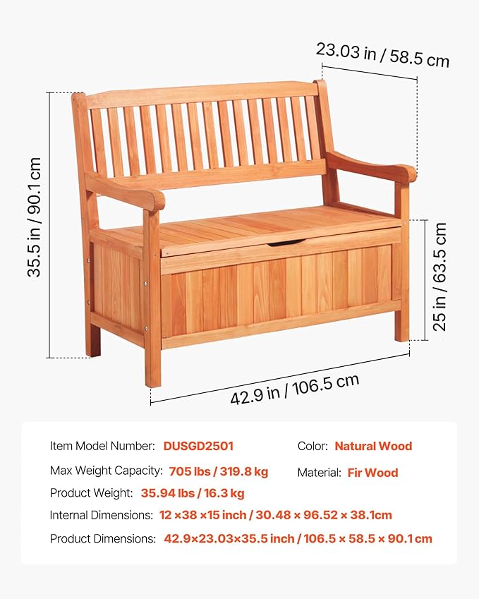 VEVOR Outdoor Storage Bench, 2-Person Wooden Storage Bench, 33 Gallons Deck Box with Side Handle, Supports up to 705 lbs, Weatherproof Outdoor Seating & Porch Decor, for Patio Garden Balcony Yard