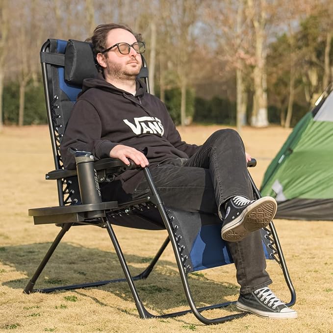 Zero Gravity Chair Set of 2 Oversized Folding Recliner, Padded Anti Gravity Lounge Chair with Adjustable Pillow & Cup Holder for Outdoor Camping, Patio, Poolside, Lawn (Black & Blue)