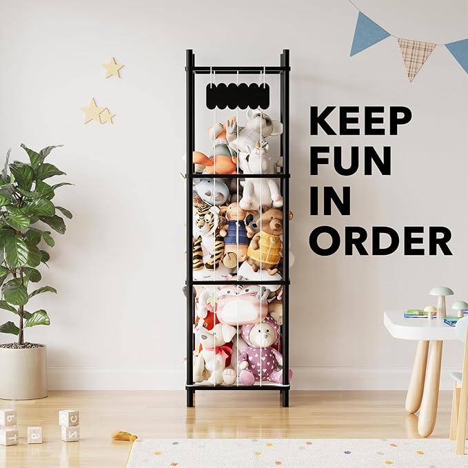 SpaceAid Stuffed Animal Storage Organizer, Wood Animals Zoo Toy Plushies Storage Holder, Large Capacity Plush Toy Cage for Playroom Organization, 15.8" Wide, Black