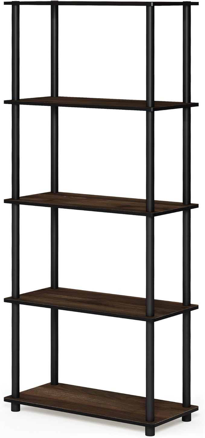 Furinno Turn-N-Tube 5-Tier Multipurpose Shelf / Display Rack / Storage Shelf / Bookshelf, Round Tubes, Columbia Walnut/Black