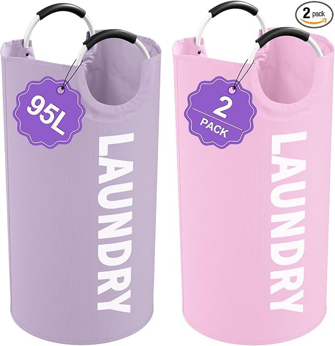 2Pcs 95L Purple + Pink Laundry Basket, Folding Laundry Hampers