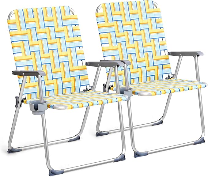 VINGLI Aluminum Oversize Patio Lawn Chairs Folding Set of 2 with Detachable Cup Holder, Webbed Beach Chair Folding Chair Outdoor Portable Camping Chair for Yard, Garden
