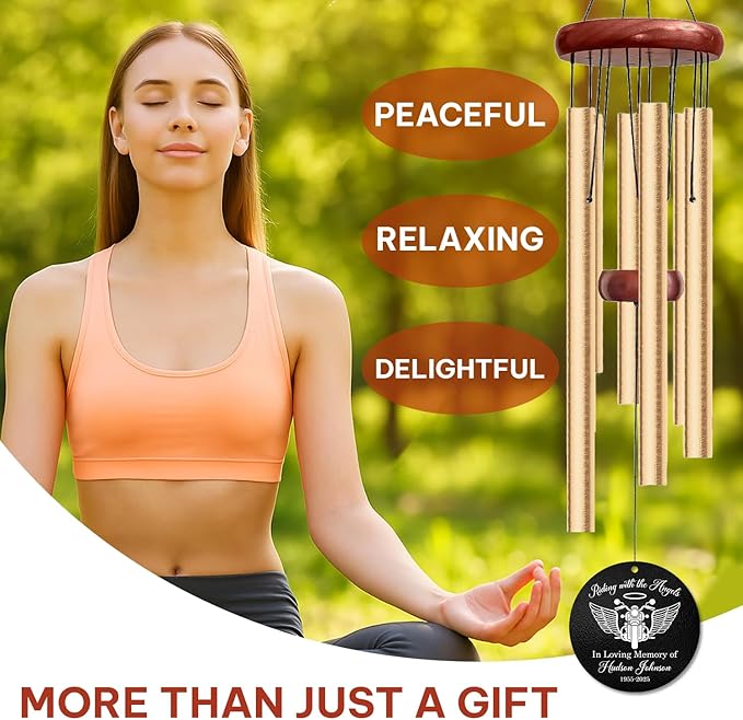 Personalized Motorcycle Memorial Wind Chime – “Riding with The Angels” Custom Name & Years – White Engraved Outdoor Sympathy Gift for Loss of Loved One – Biker Remembrance Windchime