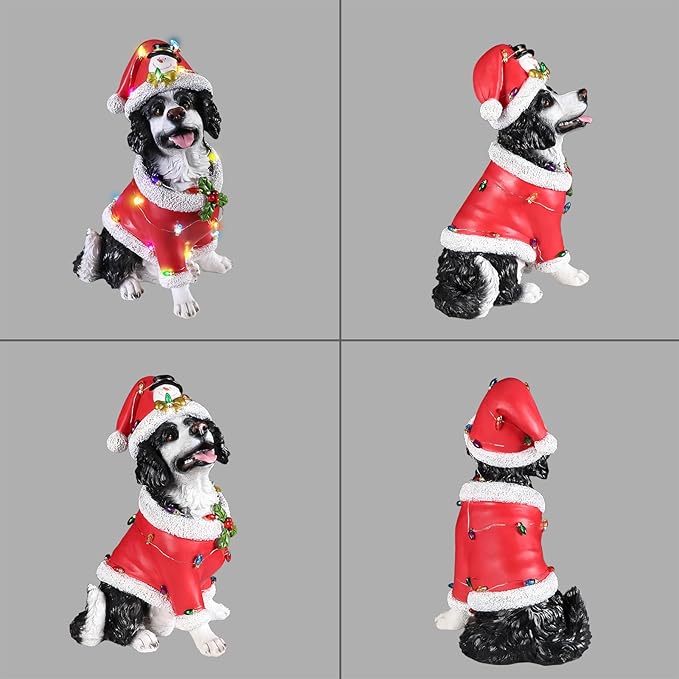 Christmas Outdoor Decoration Dog Statue, LED Light Cute Springer Spaniel Dog Sculpture with Santa Outfit & Lights for Garden and Yard, Indoor Holiday Décor Gift for mom and dad