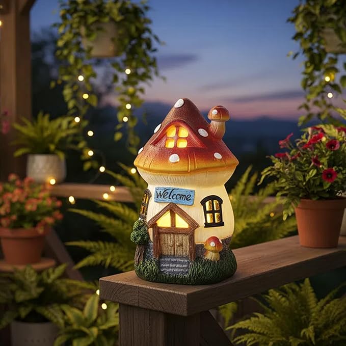 Garden Outdoor Figurines Statue with Solar Lights,Solar Mushroom House Decorations for Yard Outdoor Garden, Patio Yard Lawn, Gifts for Girls Birthday Housewarming Mother's Day (Mushroom House)