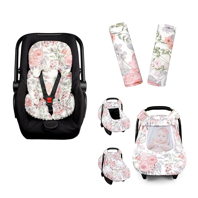 Car Seat Cover Baby, HNHUAMING Infant Car Seat Covers Canopy, Infant Car Seat Insert, Baby Car Seat Head & Body Support for Newborn, Car Seat Strap Pads for Baby Kids, Pink