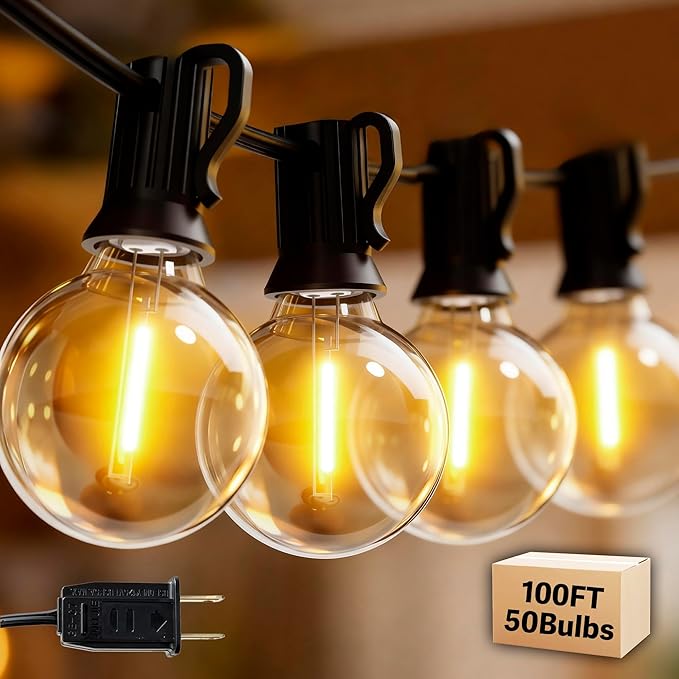 Outdoor String Lights 100FT with 50+2 G40 LED Bulbs, Shatterproof & Waterproof Patio Lights, Connectable Globe String Lights for Backyard Porch Deck Bistro Garden Party