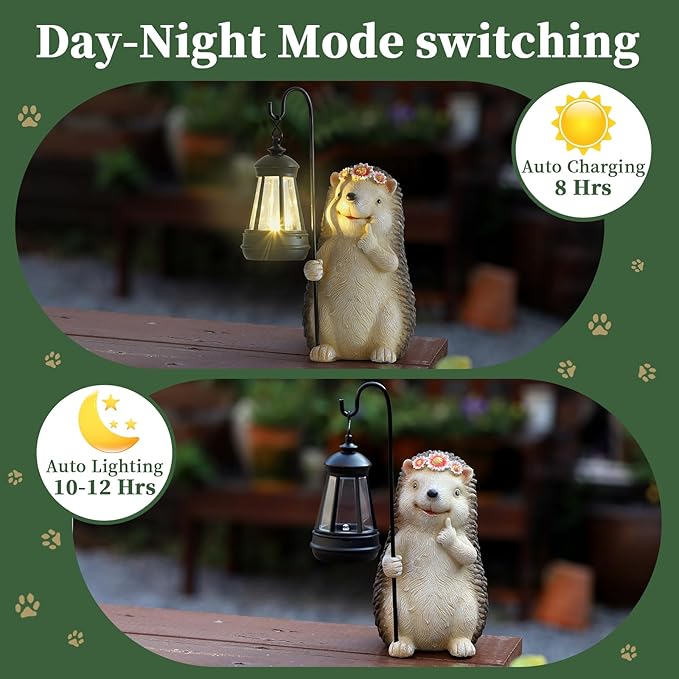 Garden Hedgehog Gnome Statue Decorations - Solar Resin Hedgehog with Solar Garden Lights Outdoor Decorations for Patio,Yard,Lawn,