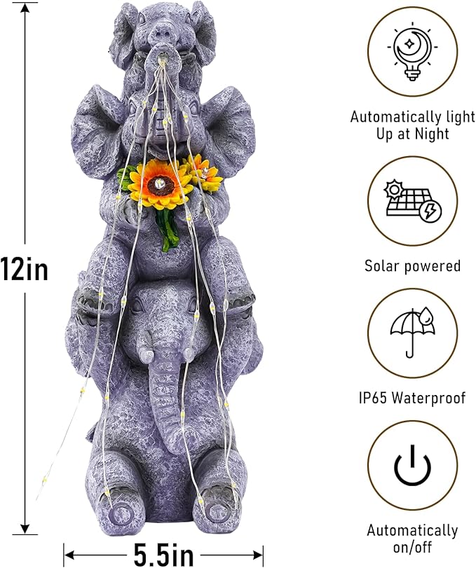 Solar Garden Decor Elephant Statue Outdoor, Luck Triple Elephant Decorations for Yard Porch Lawn Patio - Ideal Gifts for Women Mom Grandma Senior Elder or Birthdays 12"