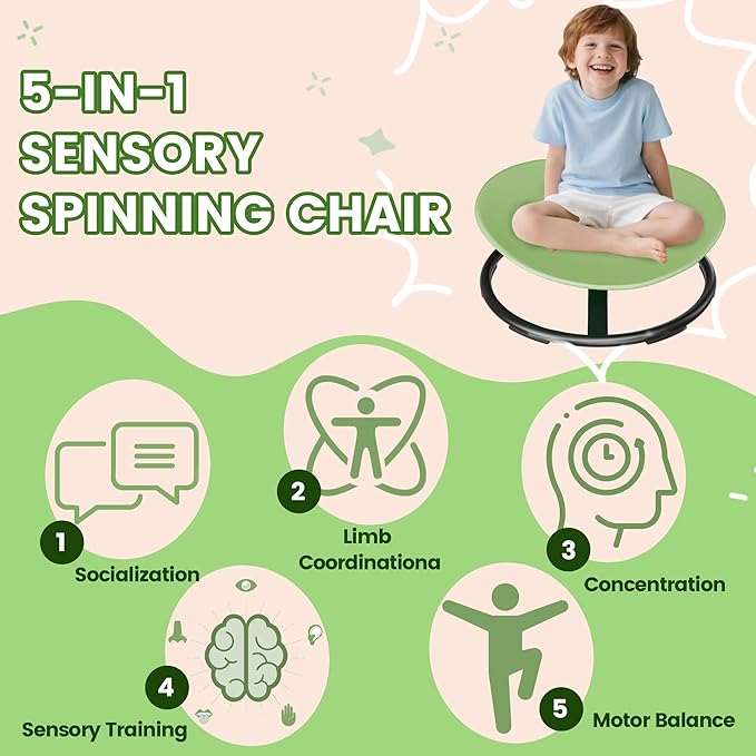 21" L × 19" W Large Size Spinning Chair for Autistic Kids, Autism Sensory Spinning Chair, Sensory Toys for Kids with Autism & ADHD, Sit and Spin Training Body Coordination, Light Green Rounded Share