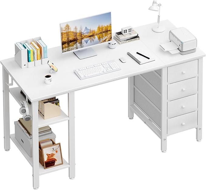 Lufeiya White Desk with Drawers & Storage Shelves, 47 Inch Study Work Writing Desk for Home Office Bedroom, Simple Modern Cute PC Computer Desks Table, White