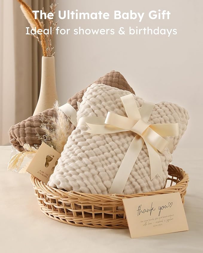 Yoofoss Hooded Baby Towels for Newborn 2 Pack 100% Muslin Organic Cotton Baby Bath Towel with Hood for Babies, Infant, Toddler and Kids, 37.5"x37.5", Soft and Absorbent Newborn Essential, Beige&Coffee